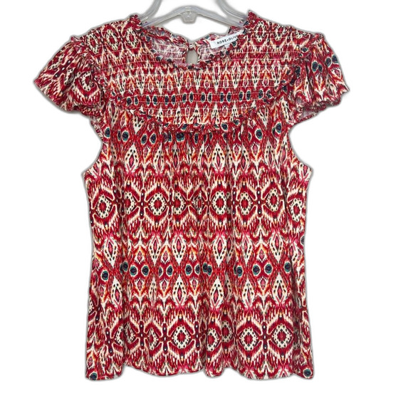 Rose & Olive Smocked Cap Sleeve  Keyhole Back Western Print Boho Blouse SZ L - Picture 1 of 13